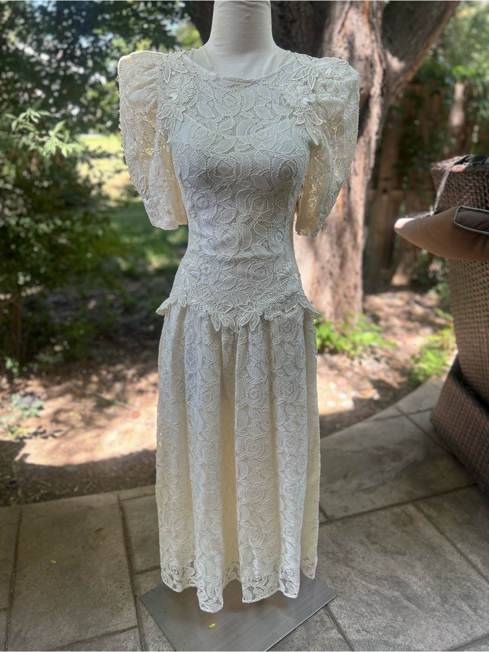 Vintage 80s ivory lace cachet drop waist wedding dress Size XS